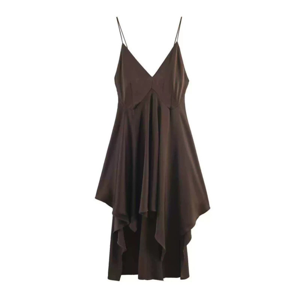 ZARA Sexy Summer Asymmetric Spaghetti Strap Dark Brown Dress